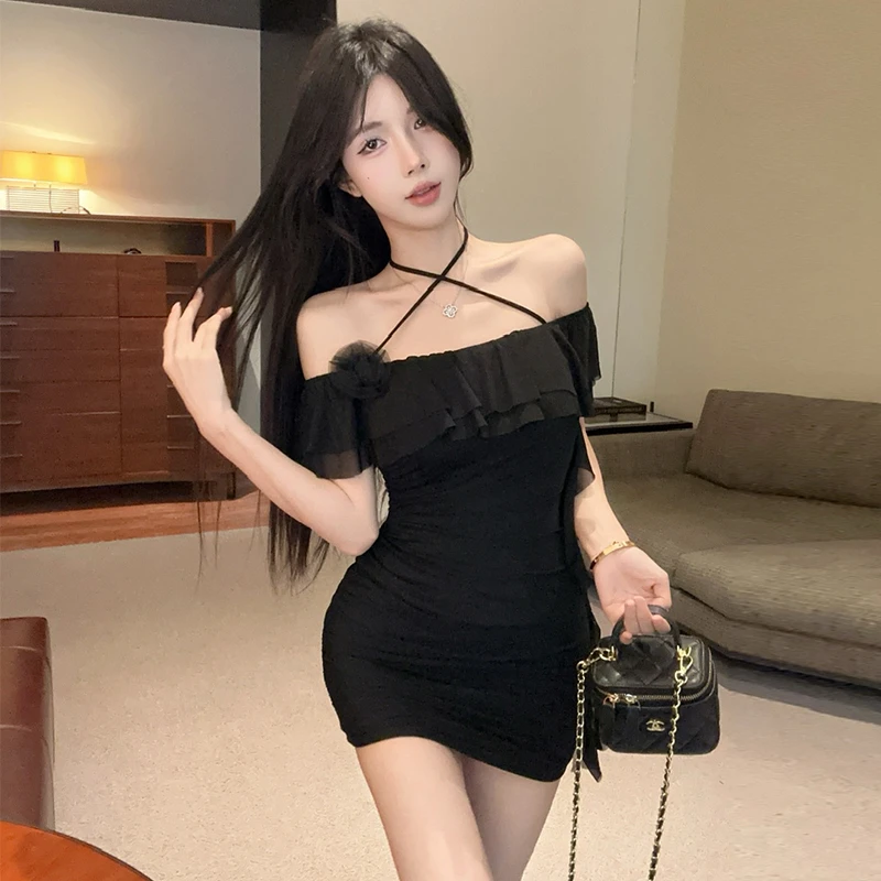 法式气质一字肩挂脖吊带性感连衣裙辣妹收腰显瘦纯欲夜场包臀短裙