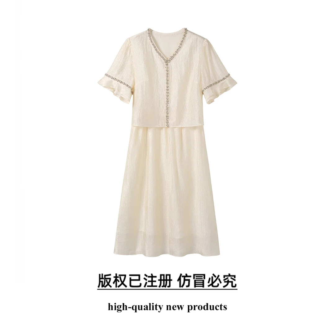 奢姿大码女装2025夏季减龄荷叶袖V领连衣裙胖妹妹假两件拼接裙子
