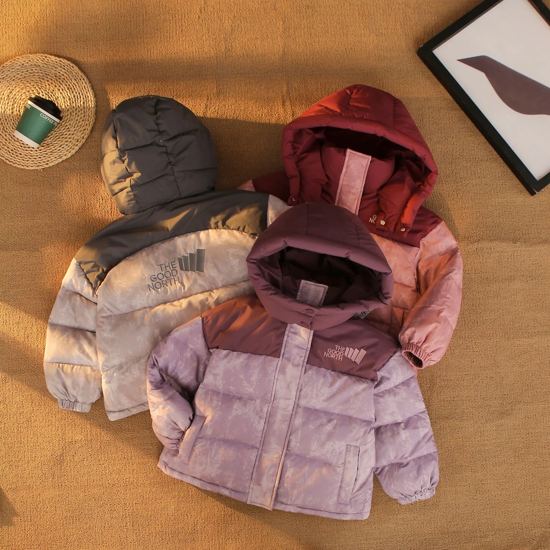 2024冬季新款拼接时尚韩版男女童装鸭绒羽绒服厚款保暖连帽外套