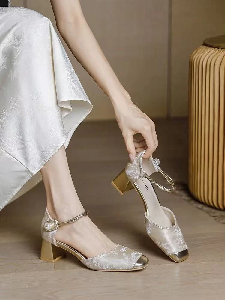 611-810玛丽珍鞋粗跟浅口方头拼色单鞋玛丽珍仙女风女鞋平底