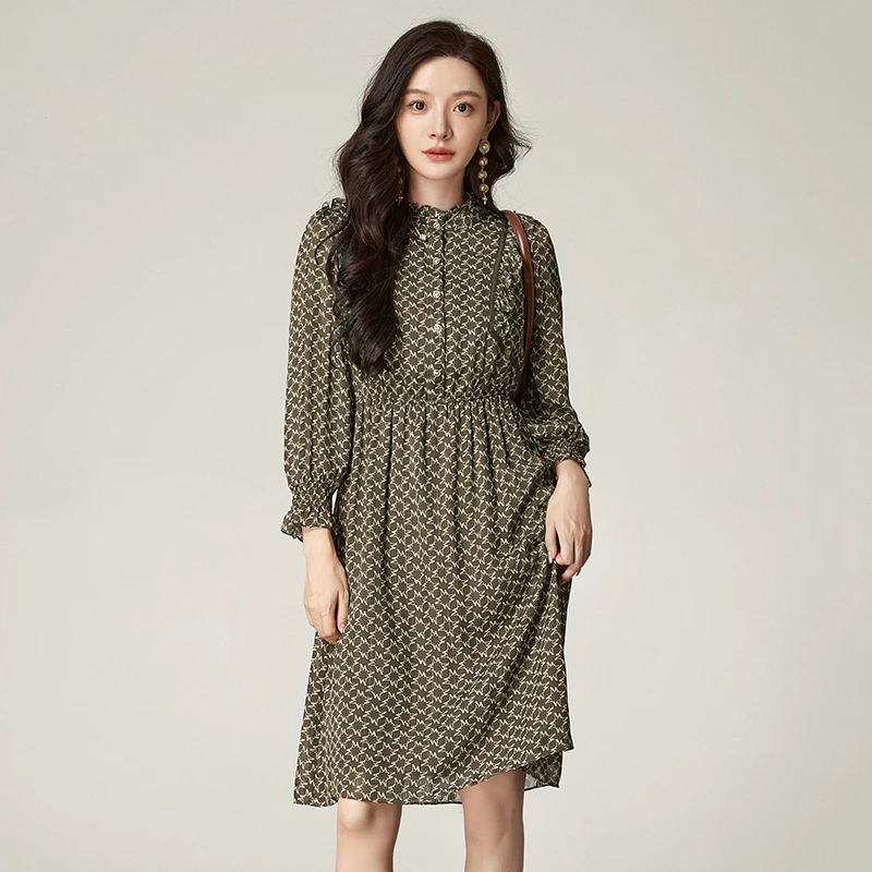 43WZ0A0016松紧腰显瘦裙子气质印花连衣裙女2024秋