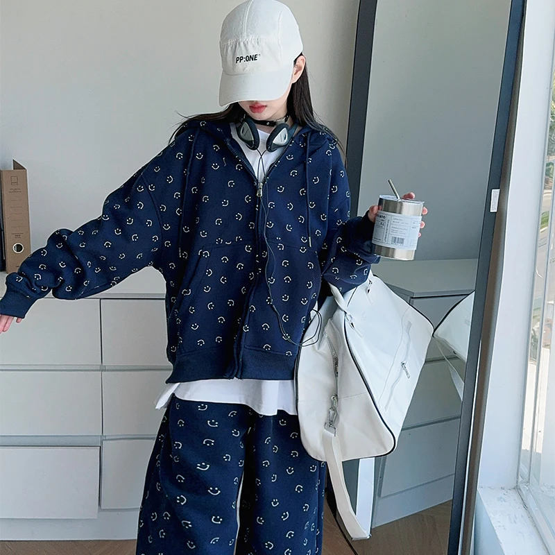 女童春秋碎花连帽开衫卫衣套装2025新款大童美式时尚帅气卫衣套装