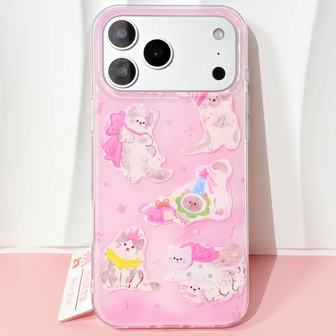 ins 双层涂鸦粉色猫咪适用iPhone17ProMax手机壳苹果17Pro/16/15