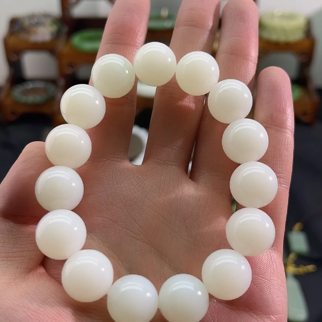 和田玉未镶嵌颈饰白玉-俄料-15mm手串