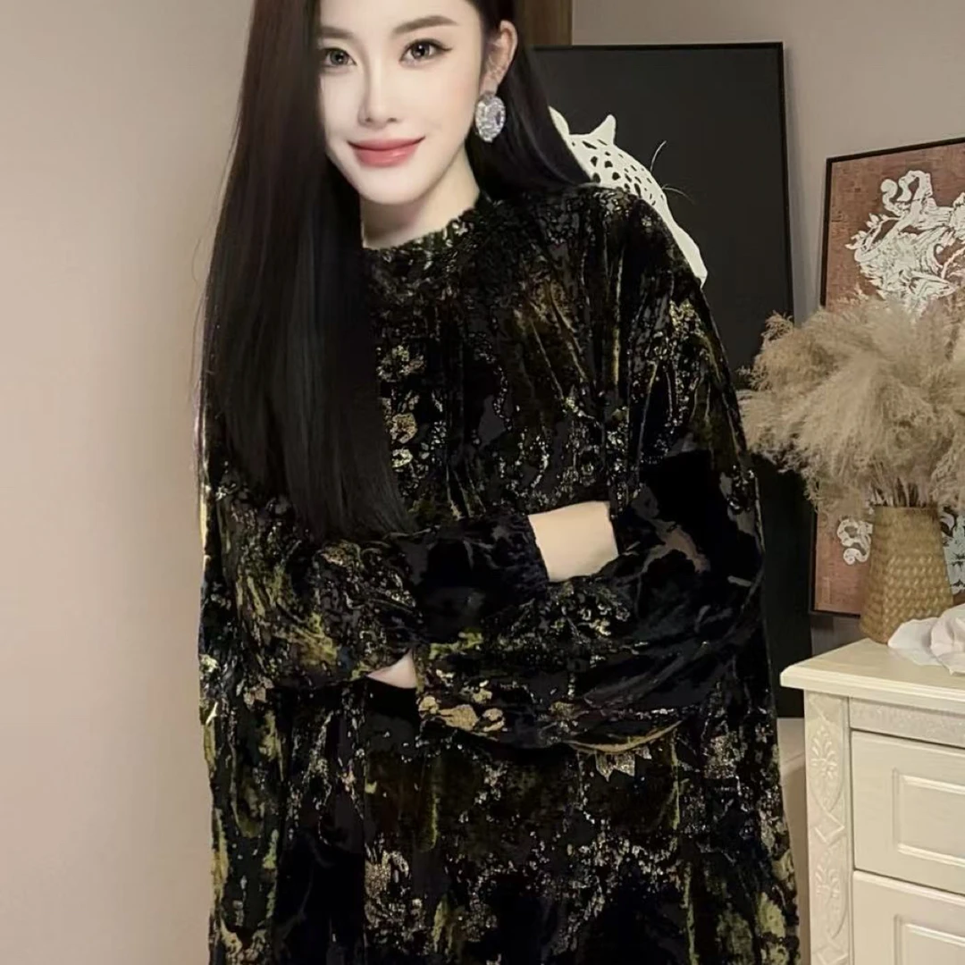 【美女专属】秋冬黑金配色高级感烧化丝绒绑带遮肉连衣裙