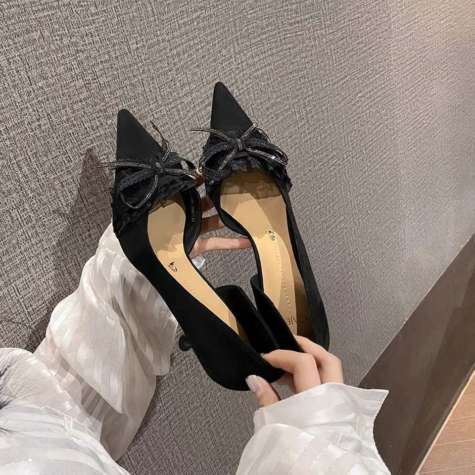 26C1695新款御姐风性感豹纹侧空细跟高跟鞋女蝴蝶结蕾丝浅口单鞋