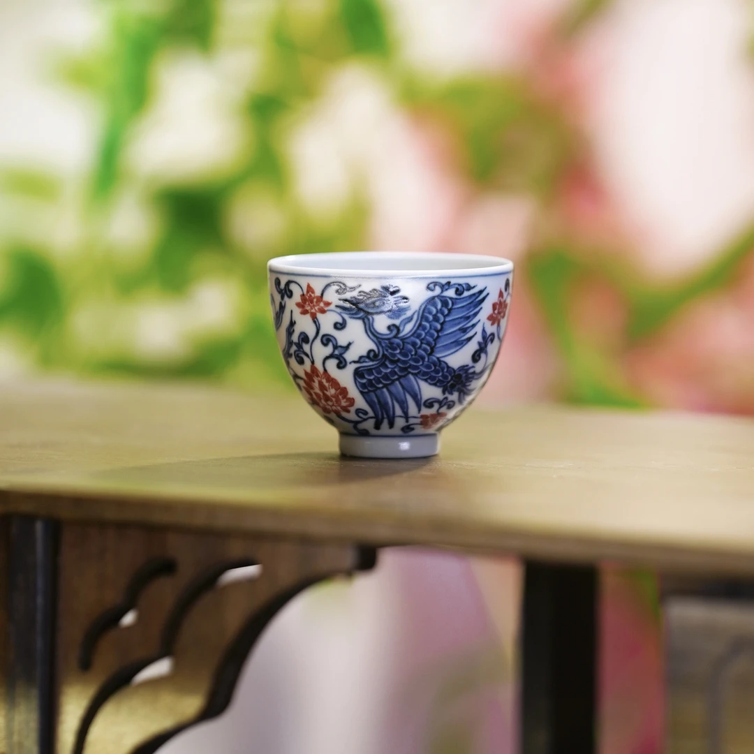 【雨溪山房】景德镇-青花釉里红凤凰杯70ml
