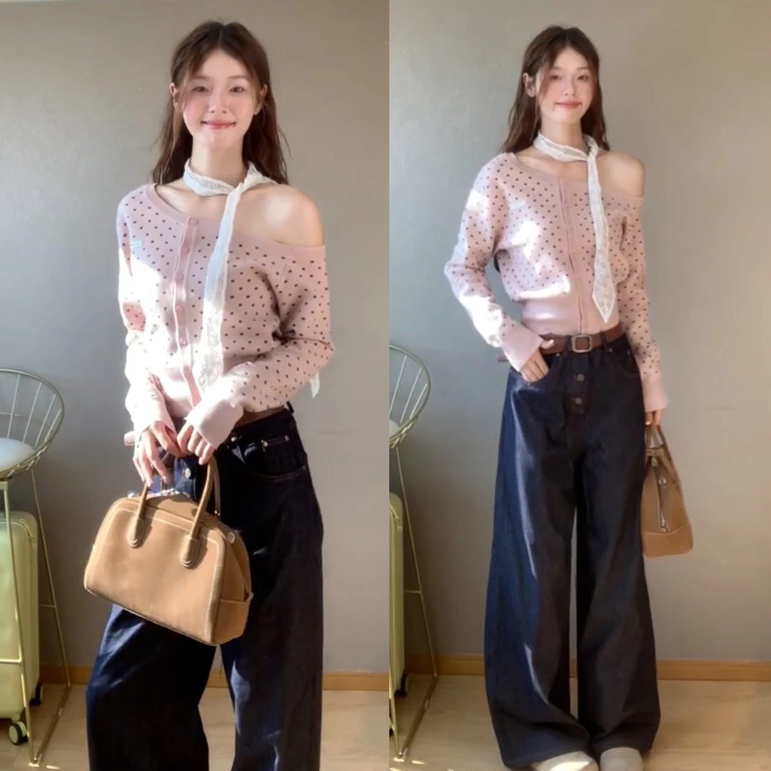 miu系波点针织开衫女早秋穿搭粉色斜肩长袖修身显瘦短款韩系上衣