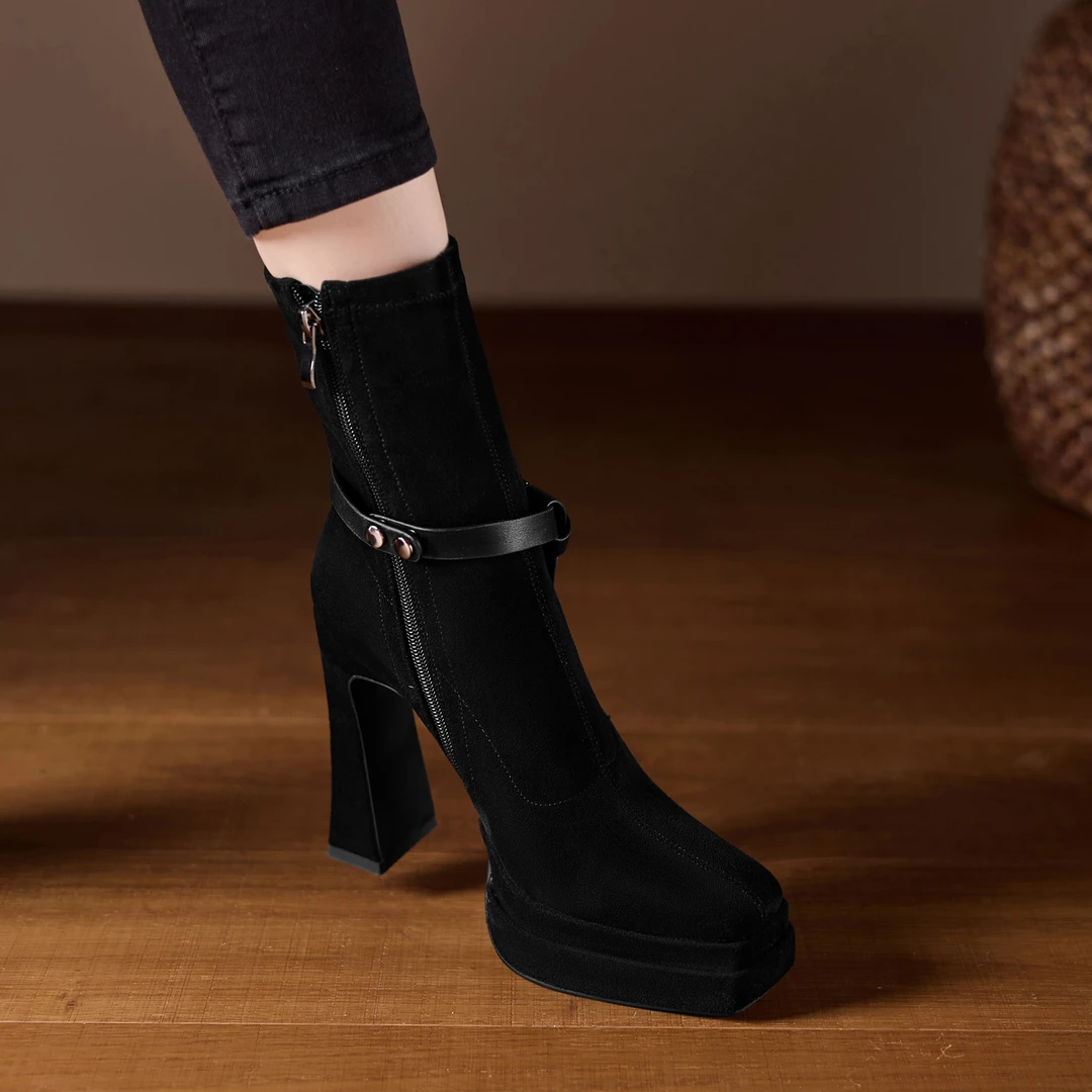10.5cm小个子超高跟短靴侧拉链瘦瘦弹力靴短筒单靴时装靴气质女靴