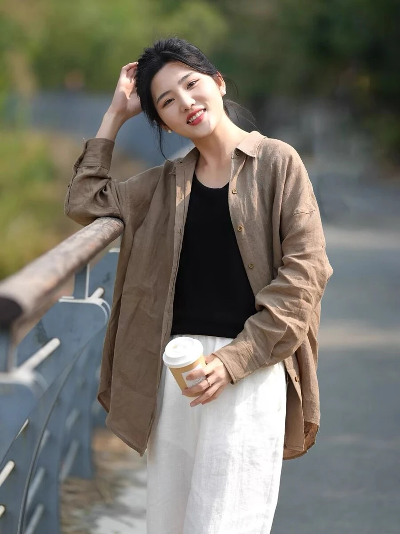 文艺亚麻翻领排扣衬衫防晒衫宽松休闲大码长袖上衣棉麻媚茶色衬衣