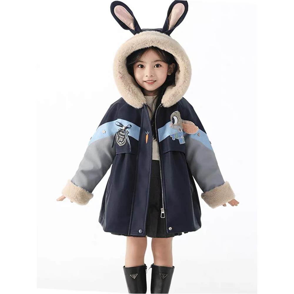 女童加绒外套秋冬2024新款朱迪警官儿童冲锋衣女孩加厚派克服洋气