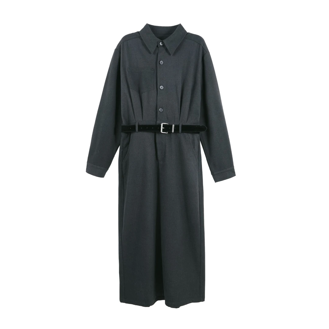 复古条纹拼接收腰衬衫式连衣裙YHBZW惊艳全场高级精致感裙子