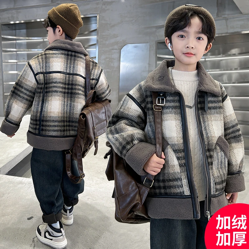 男童呢子大衣外套秋冬款2025新款冬季加绒加厚中大童男孩冬装棉服