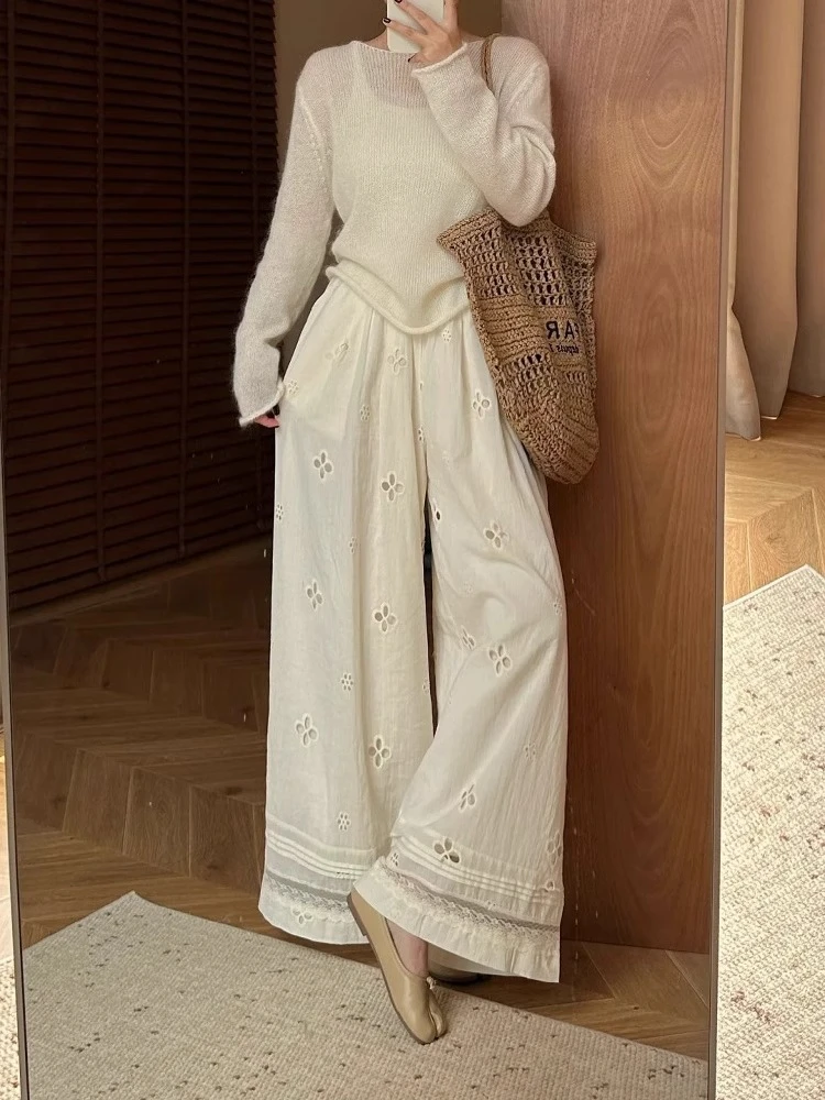 大码胖mm重工刺绣薄款休闲裤女夏季遮腿粗胯宽缕空蕾丝飘飘阔腿裤