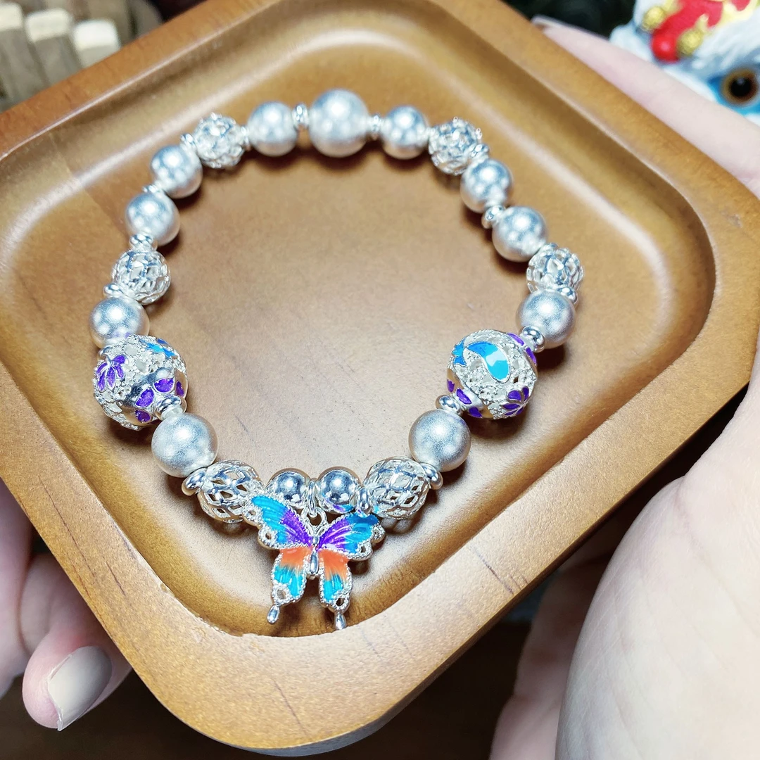 足银手链 22号【珐琅蝴蝶】镂空网球纯银手链古法转运珠新中式34克