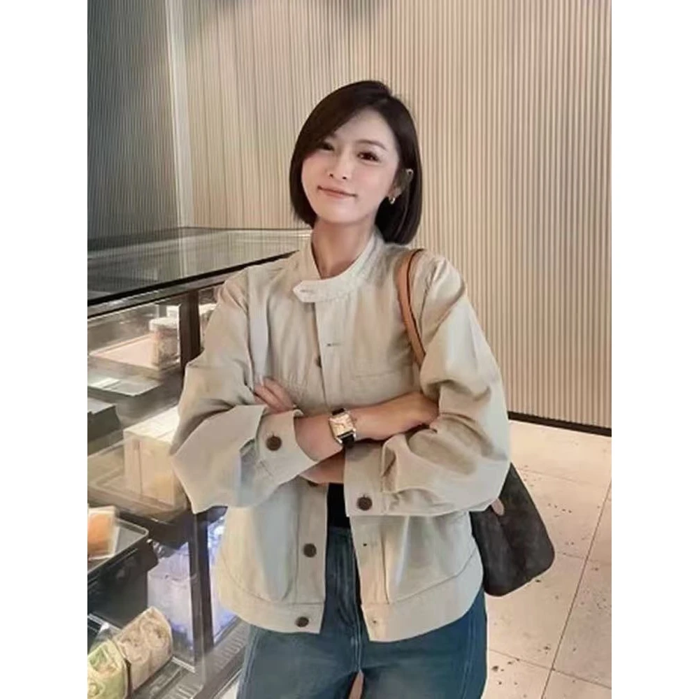 韩系休闲版单排扣短款外套春秋小个子复古宽松工装上衣