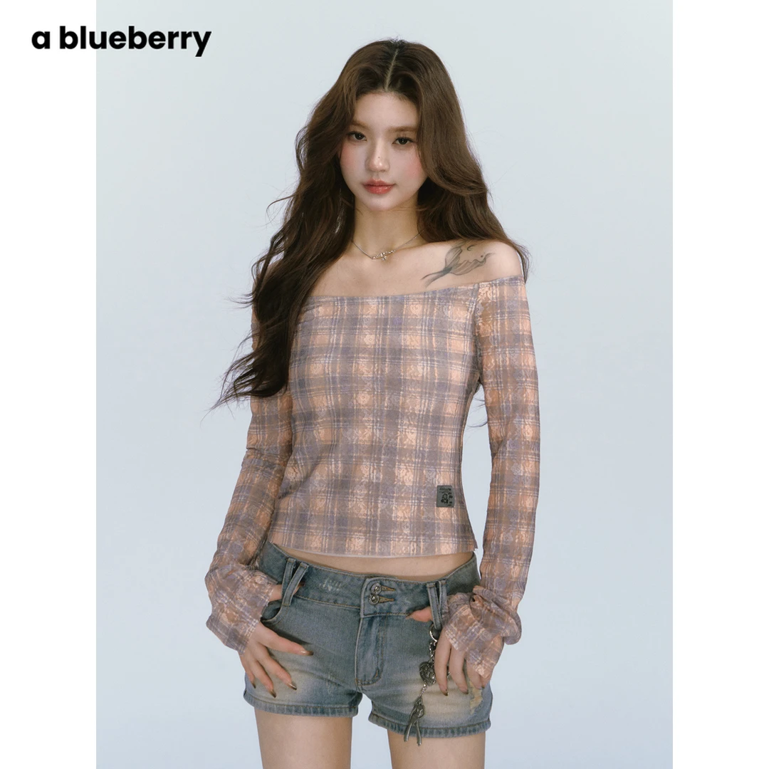 ablueberry【Let's dance】韩版时尚一字肩格纹T恤女辣妹BF101205