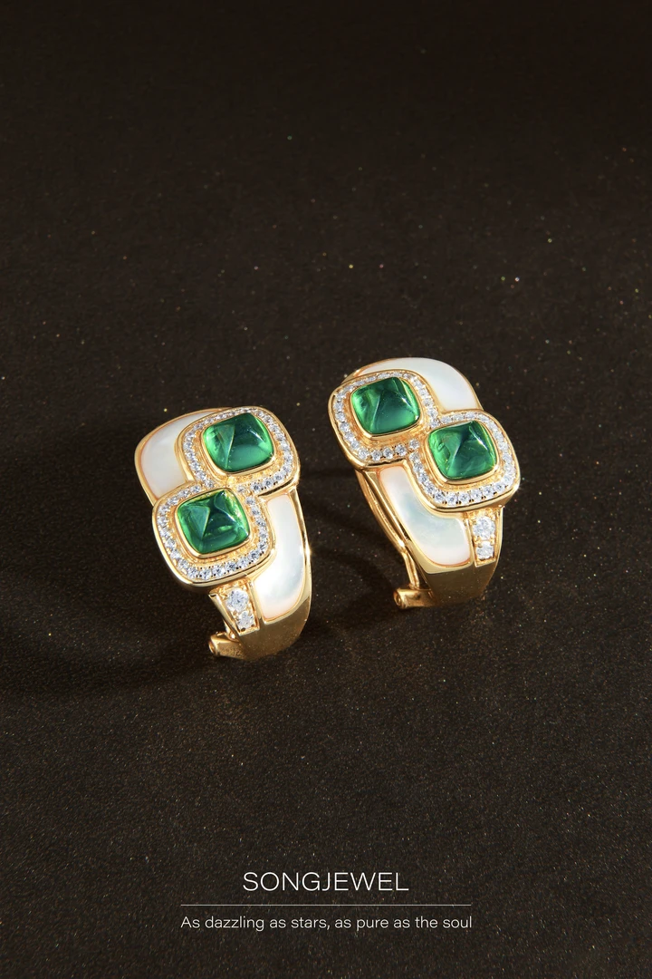 925银耳饰 绿宝唐塔贝母耳钉复古欧美中古款气质百搭小众耳环轻奢