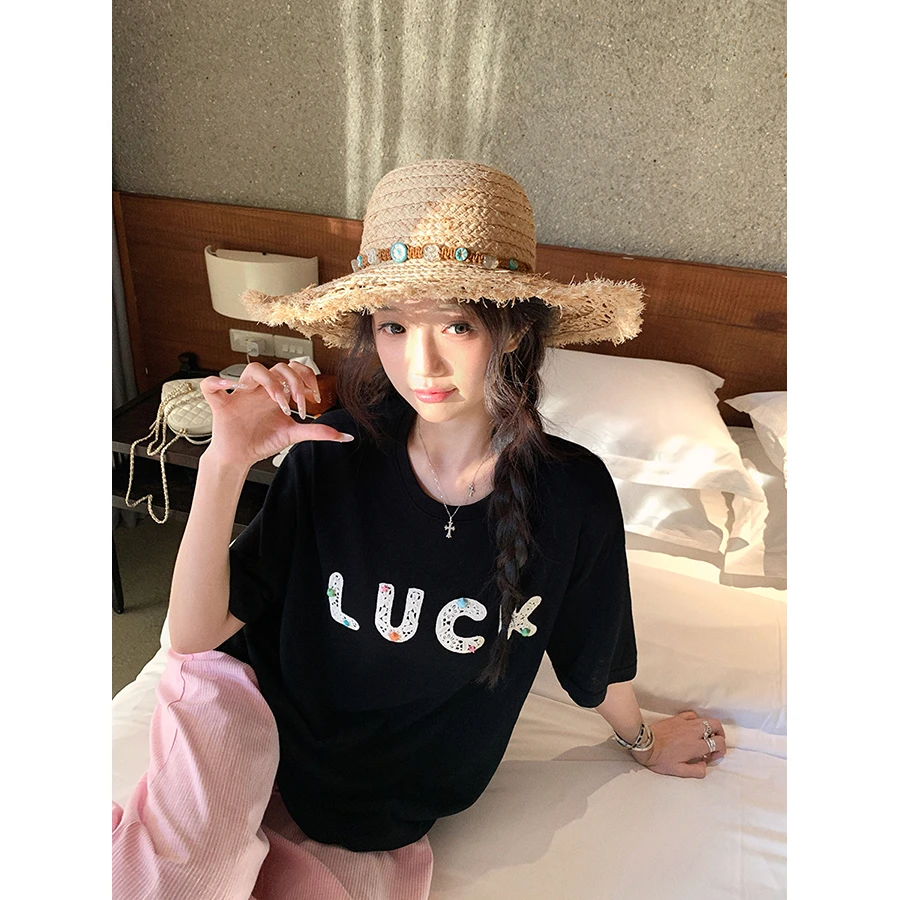 张贝贝 小幸运~ 天然雪花棉luck蕾丝绣花冰氧tee