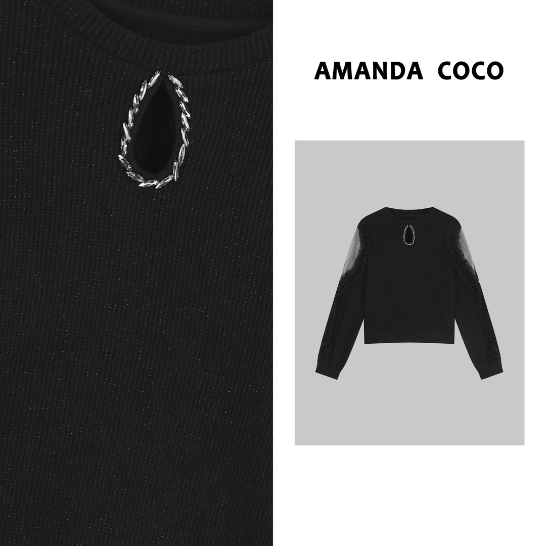 岚岚| 设计师款~高定重工串钻袖口拼接雪纺上衣