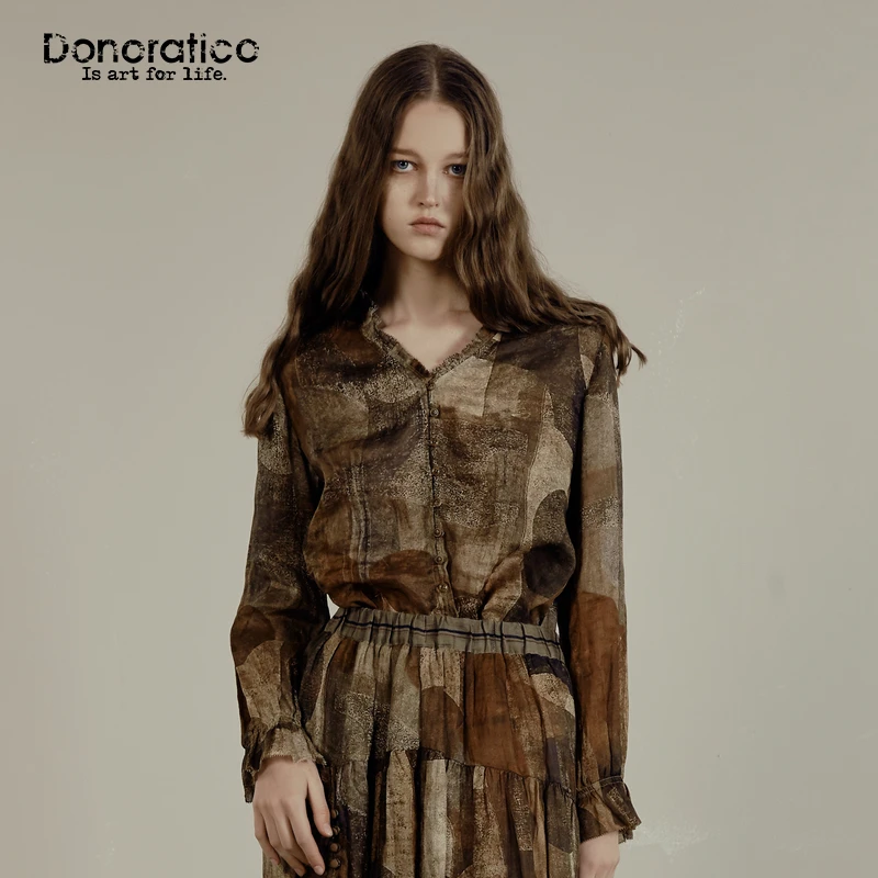 达衣岩文艺复古2025春新品法式风麻料荷叶边几何撞色印花衬衫女