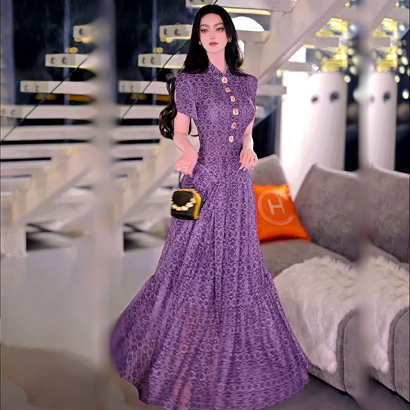 夏日修身网纱连衣裙2025新款女人味波西米亚度假风收腰过膝长裙