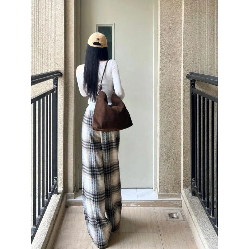 美式复古高街毛呢格子裤子女春秋冬加绒2025设计感直筒休闲阔腿裤