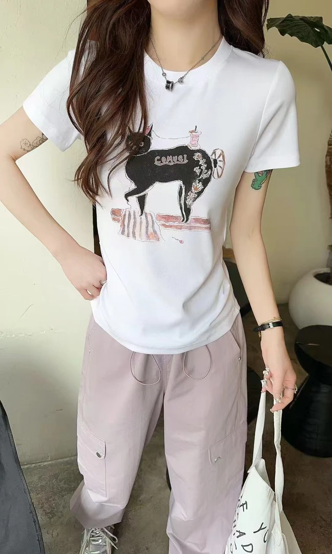 2025夏款上新卡通小猫印花正肩修身时尚啊百搭短袖T恤22066