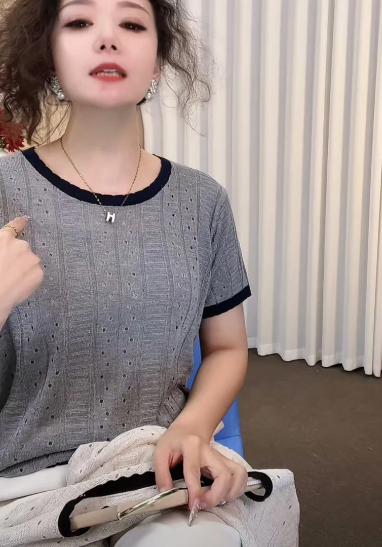 夏季镂空短袖女薄款拼色毛针织衫春夏气质宽松复古风