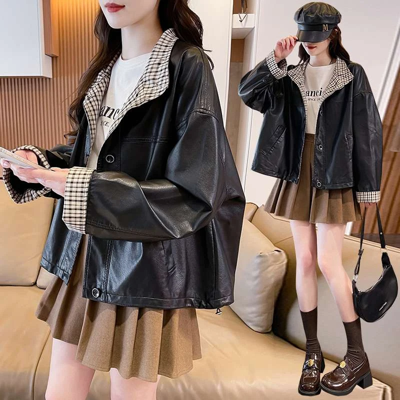 FAVMARTHA13岁初中学生12少女孩春秋季新款皮衣外套15女大童机车