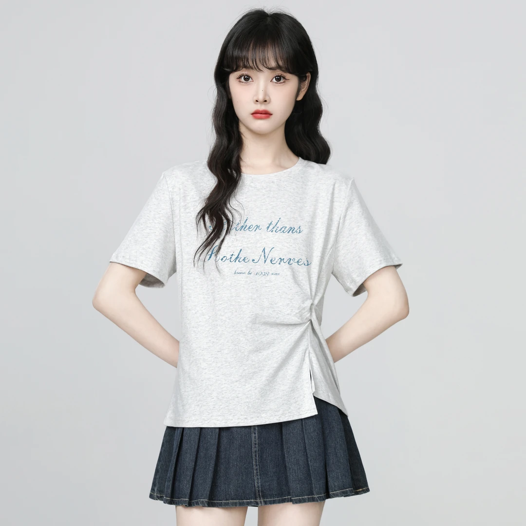 灰色字母短袖T恤女夏2025夏季新款设计感不规则褶皱掐腰体恤上衣