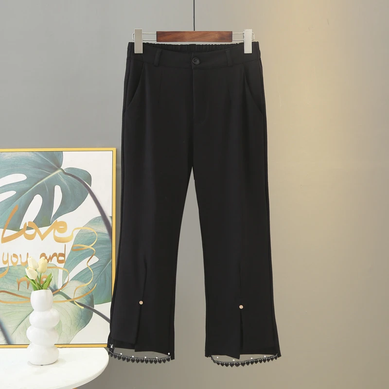 蕾丝拼接黑色修腿显瘦微胖mm大板型大码女装松紧腰弹力八分裤遮胯