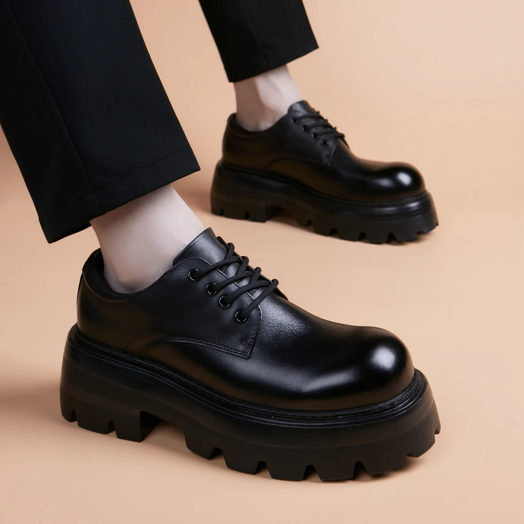 EAEOVNI厚底男款皮鞋商务正装百搭复古英伦风内增高休闲高端大头