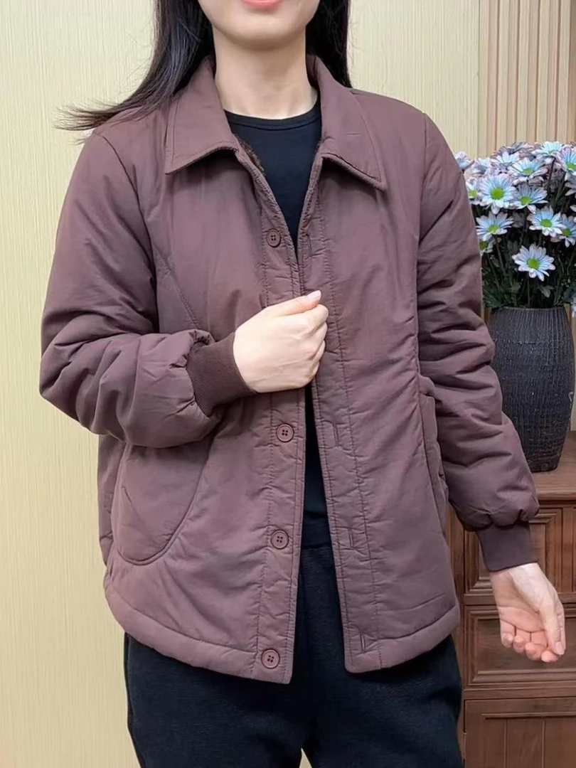2025年秋冬宽松型翻领时尚女装棉服加绒加厚休闲百搭款
