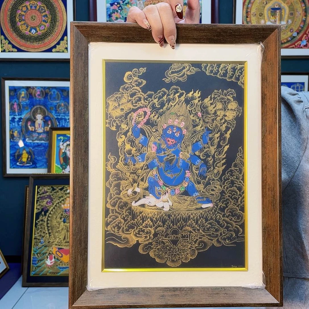 卷轴画手绘唐卡 大黑天带框40*30厘米