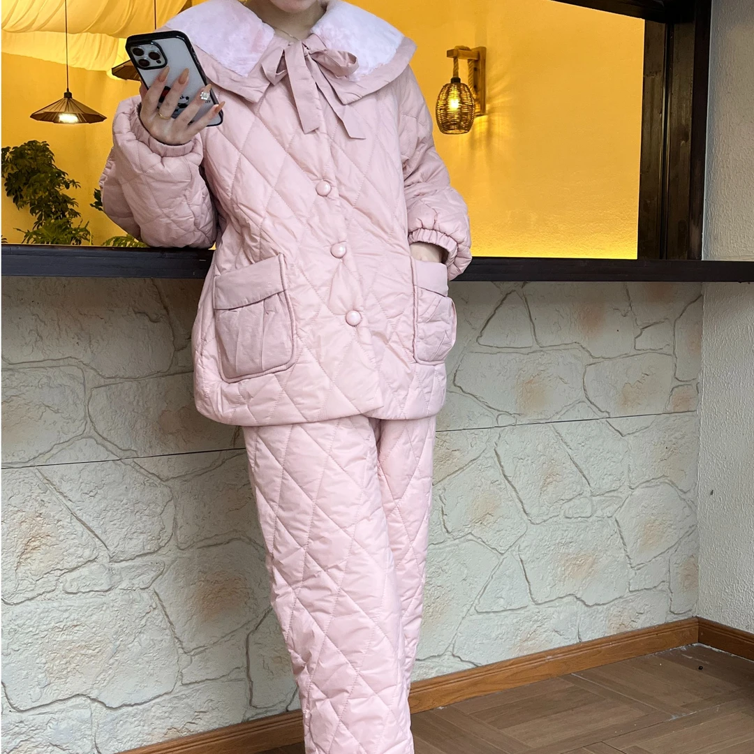 SL 尖尖领蝴蝶结夹棉加绒外穿家居服套装25018