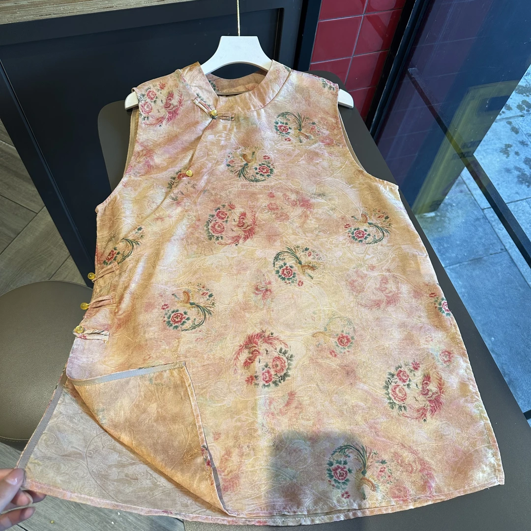 【夕碧 奥黛】气质时尚显瘦立领斜襟手工扣中长款无袖上衣Hh