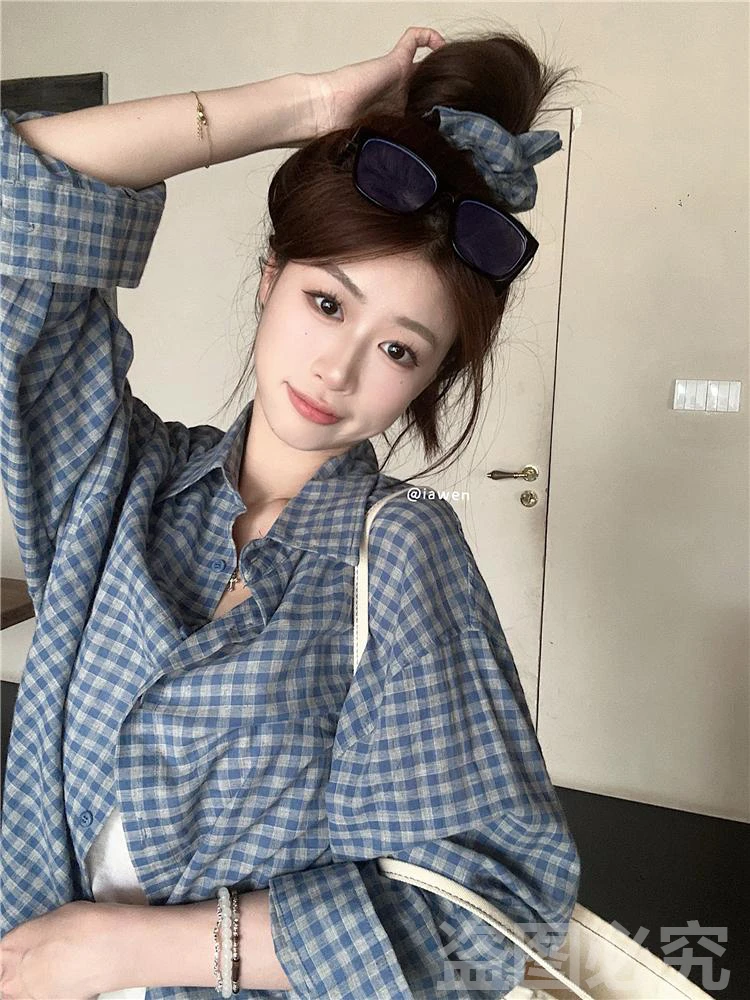 甜美宽松格子衬衣女长袖休闲百搭气质新款夏季POLO领薄款棉质小众