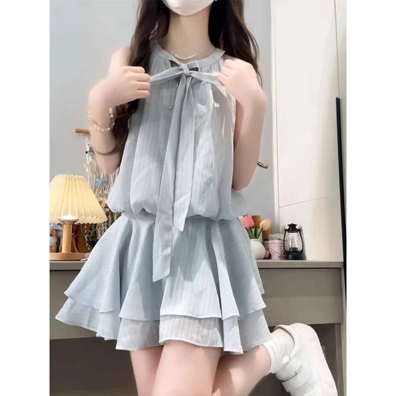 夏季2025新款气质穿搭一整套两件套装女收腰连衣裙系带蝴蝶结短裙