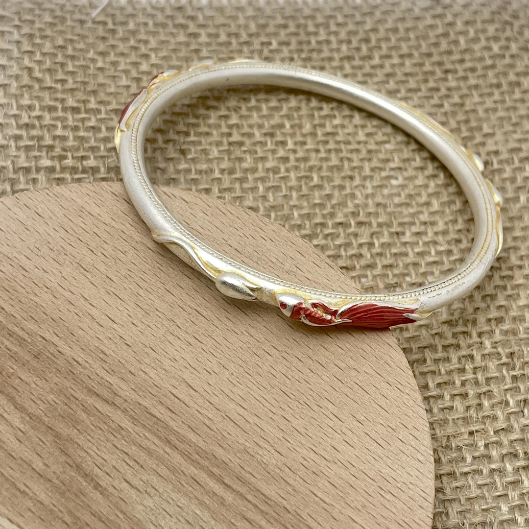 足银手镯 鲤鱼戏莲手镯珐琅描金工艺足银9999新中式国风招财