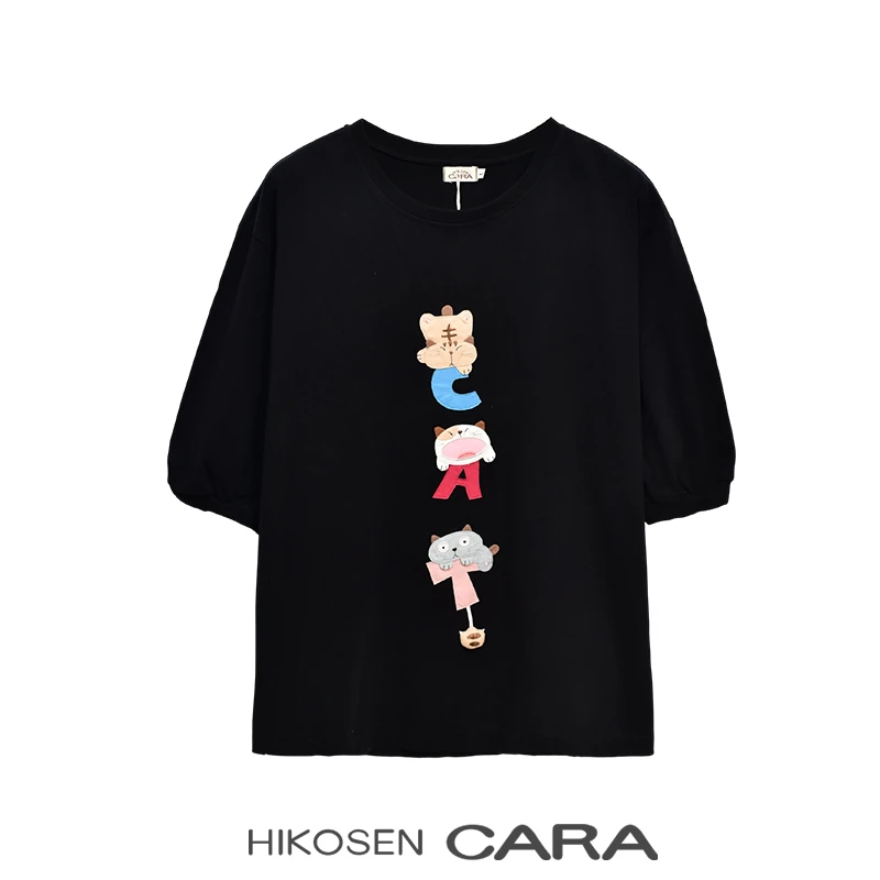 HIKOSEN CARA卡拉猫CAT泡泡袖猫咪贴布短袖T恤休闲圆领上衣