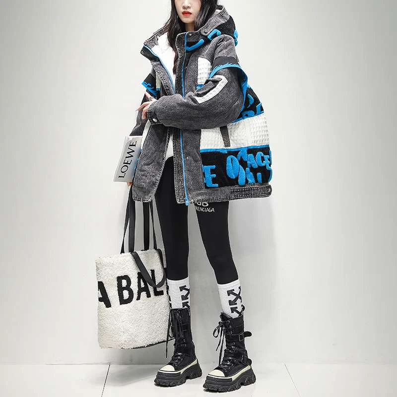时尚洋气撞色牛仔羽绒服女中长款修身显瘦2025冬新款白鸭绒外套女