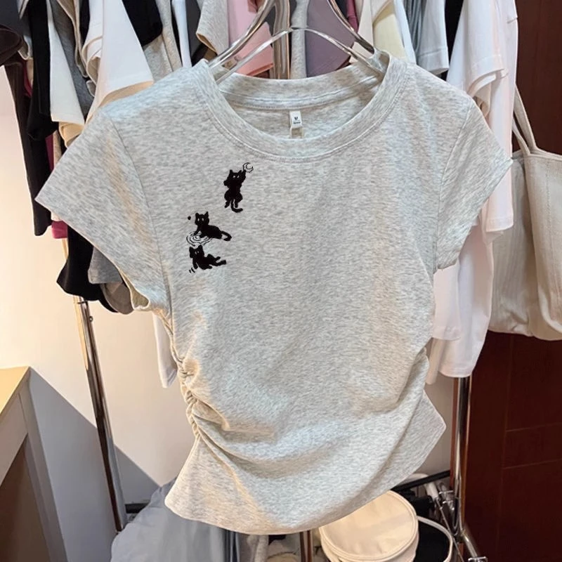 灰色短款猫咪正肩短袖t恤女夏季2025新款小个子修身别致收腰上衣