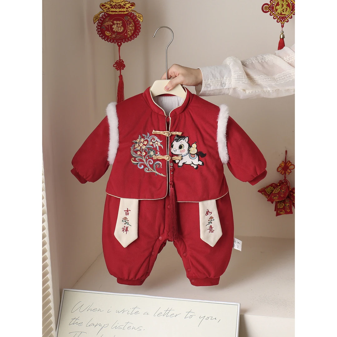 冬装婴儿拜年服新款满月周岁宝宝红色喜庆连体衣夹棉加厚外出服