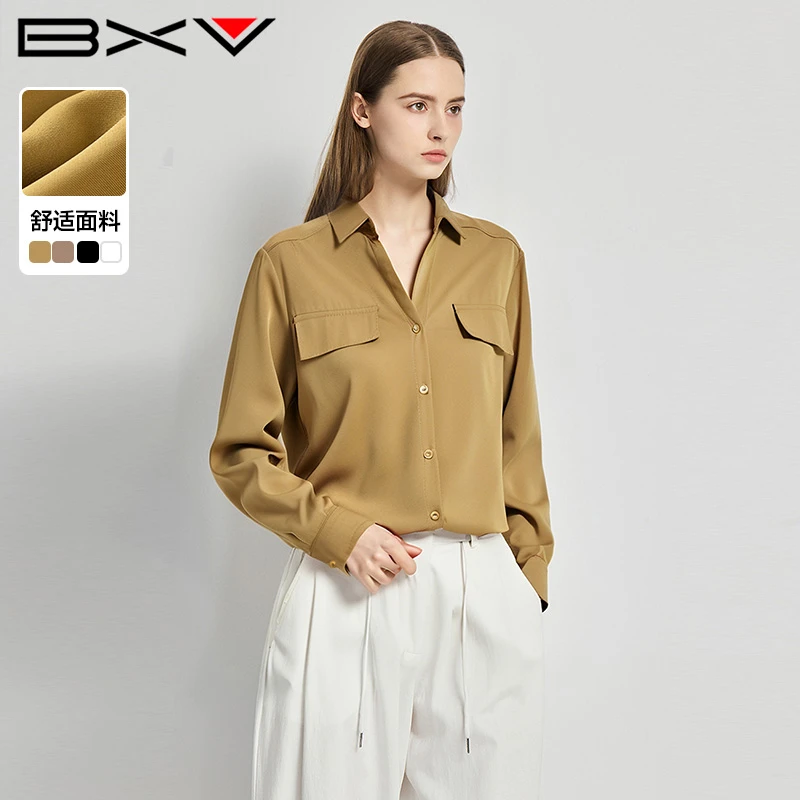 BXV复古衬衫女2025春季新款慵懒风设计简约百搭上衣长袖翻领衬衣