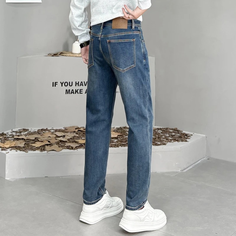 2025蓝色直筒牛仔裤男款潮流时尚黄泥色修身小直脚软牛仔男长裤子