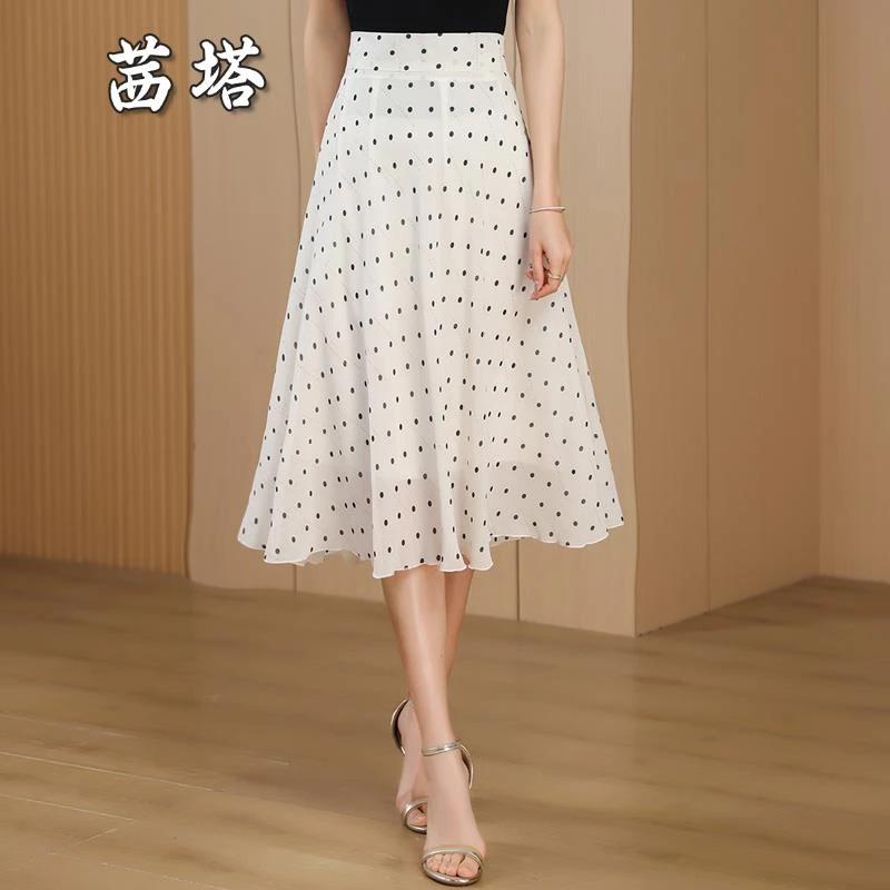 雪纺白色波点半身裙女中长款2025夏季新款显瘦大码小个子a字伞裙