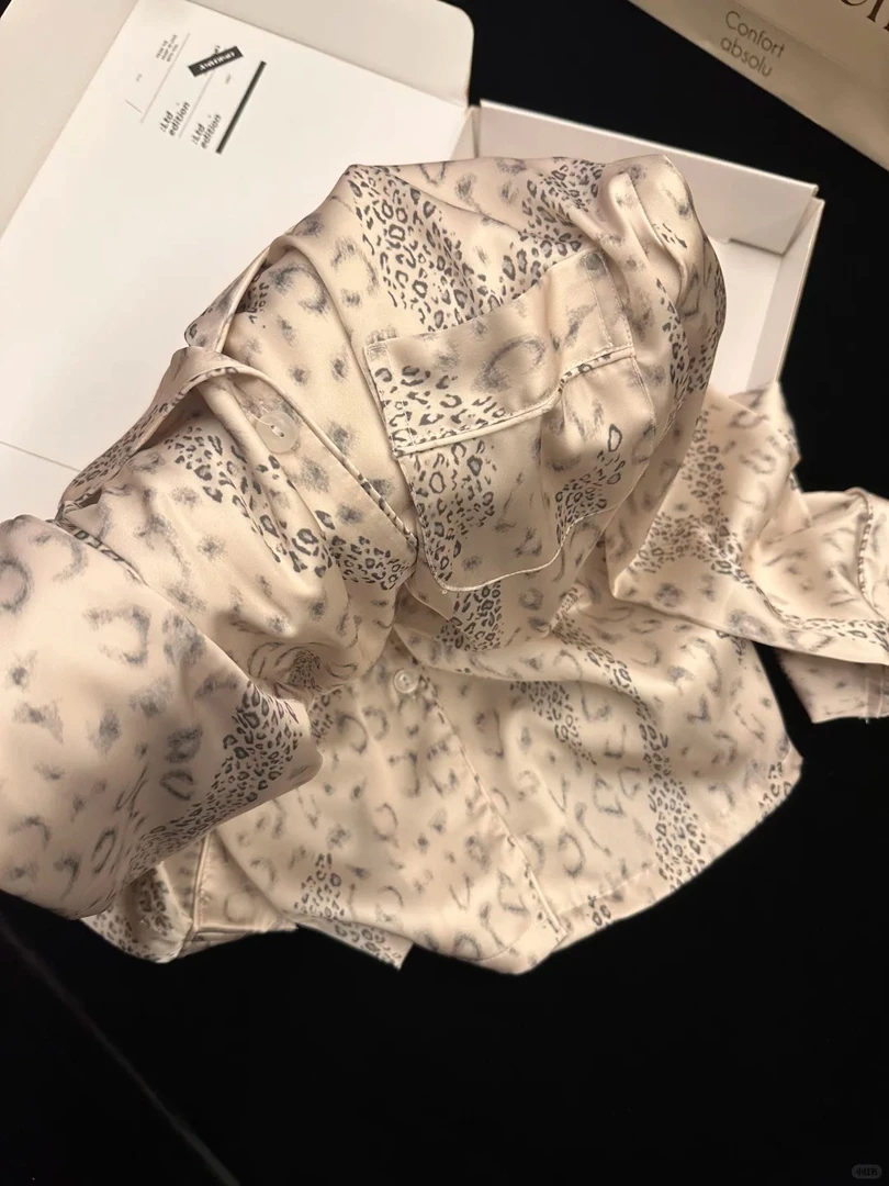 法式轻奢纯欲豹纹睡衣女秋季新长袖长裤套装宽松大码家居服可外穿