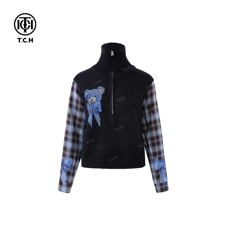 -TCH潮牌拼接袖黑蓝色半高领打底长袖针织衫T72C09E5162洋气