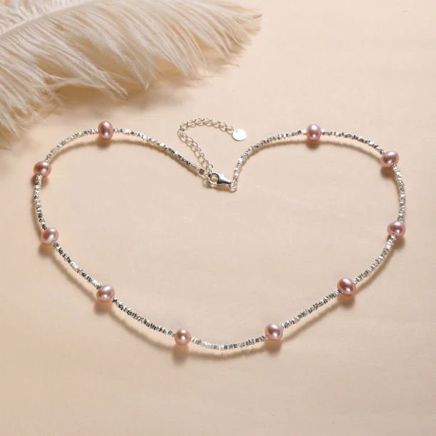 （桃）6-7mm天然淡水珍珠轻奢高级感锁骨s925碎银子项链 多样性发货